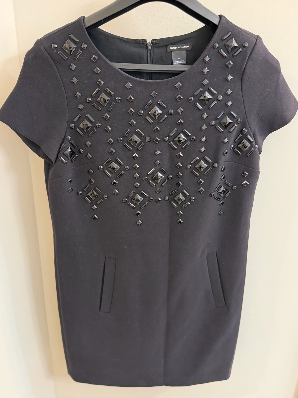 Club Monaco Black Dress with embellishments. Below the knee. Size 6